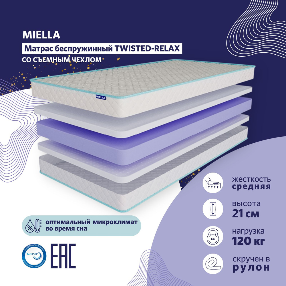 Матрас детский 80x200 MIELLA Twisted-Relax, анатомический, беспружинный, со съемным чехлом  #1