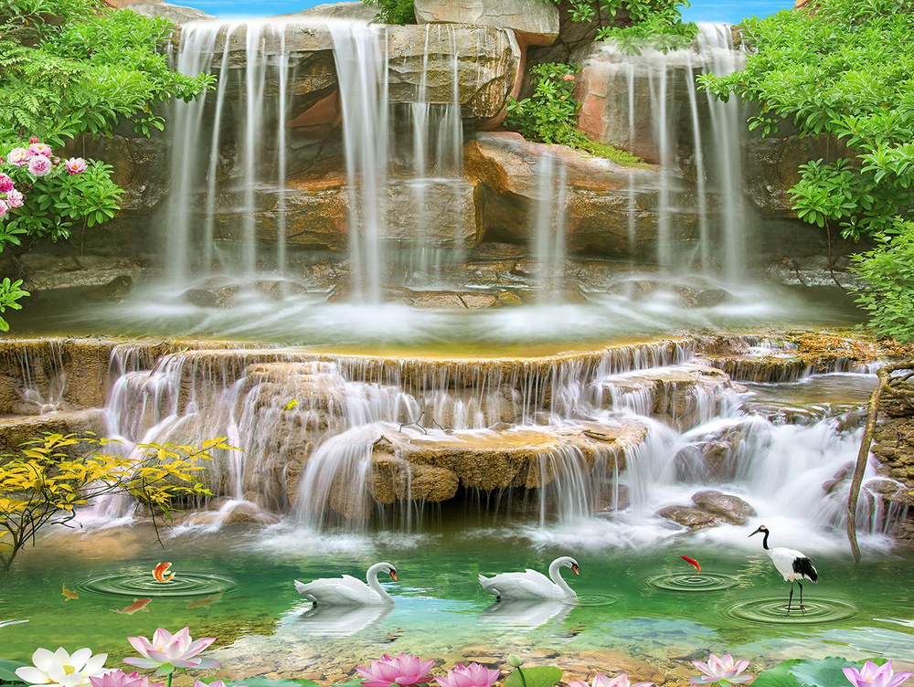 Фотообои на стену флизелиновые Водопад с лебедями 1009-AG-N1 133х100см  #1