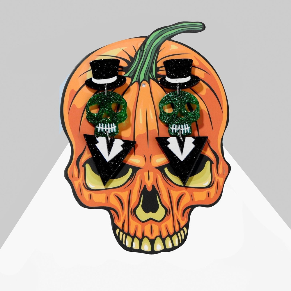 Серьги акрил Хэллоуин черепа в смокингах, цветные в серебре  #1