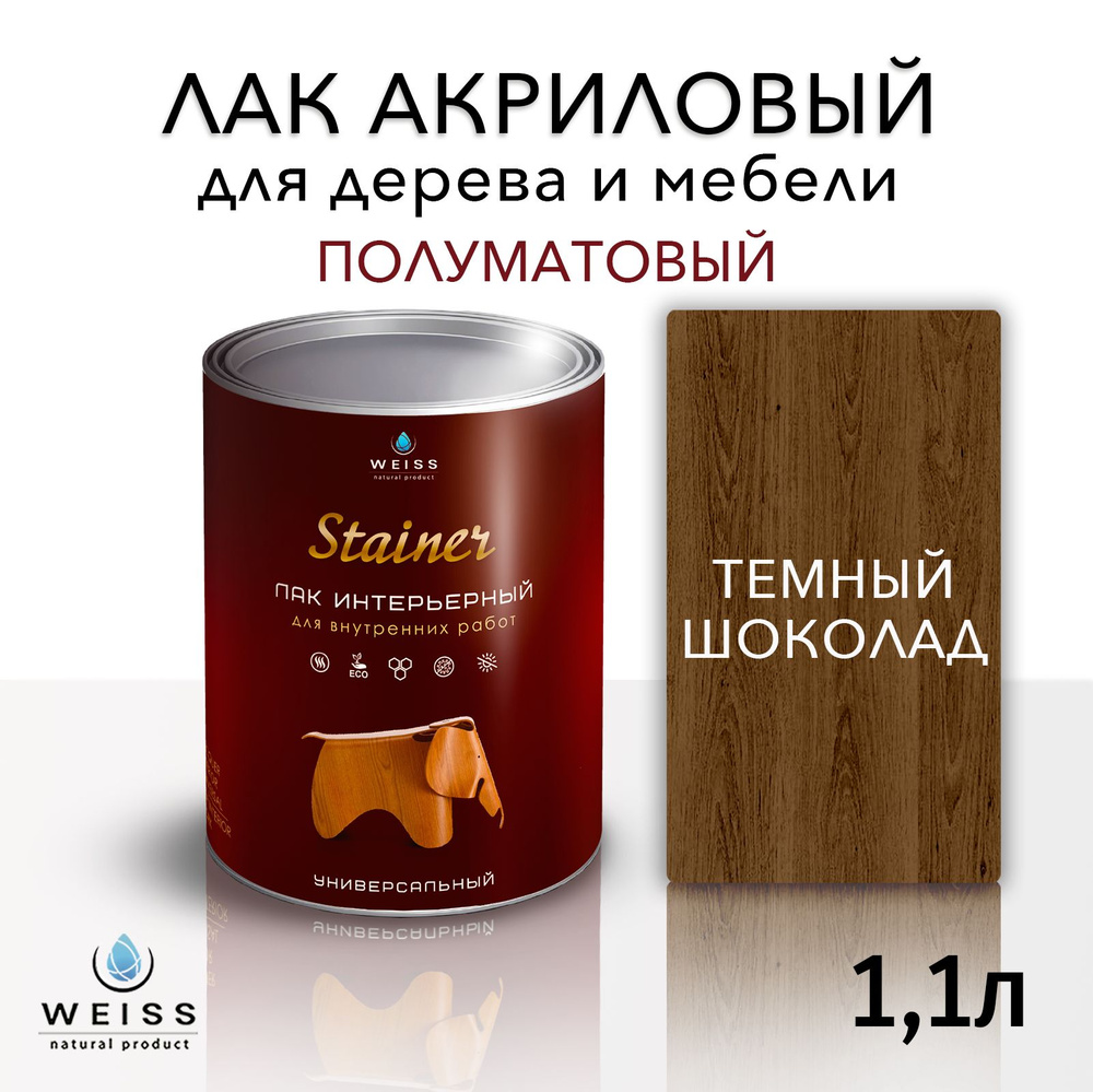 Лак интерьерный 036 темный шоколад, полуматовый, для дерева и мебели, Weiss natural product, без запаха, #1