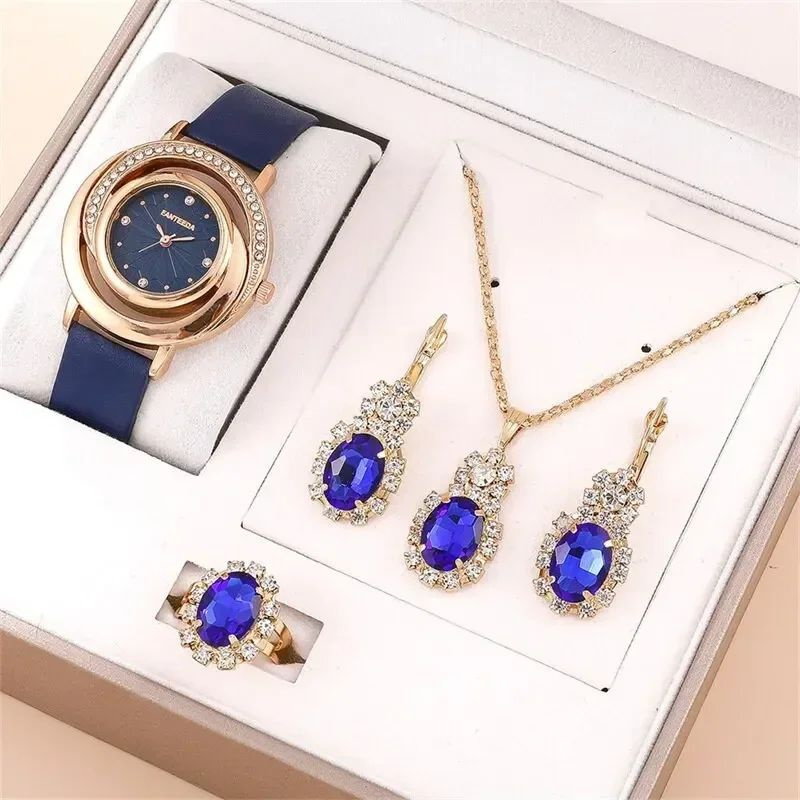 Часы женские наручные синие и украшения с крупными камнями синие  #1