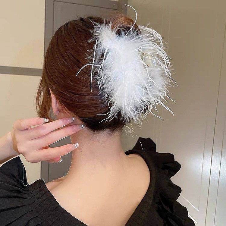 Заколка для волос женская Бант атласный белый с перьями, заколка-краб для украшения волос, крабик для #1
