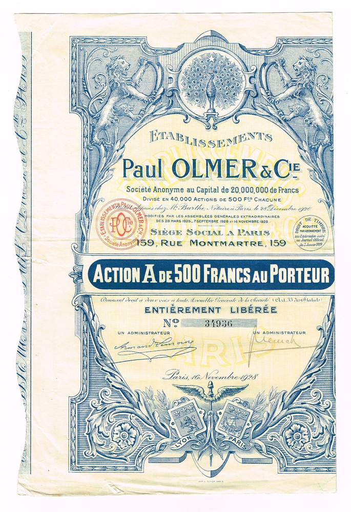 Ценная бумага Акция на 500 франков. Швейная компания Поля Ольмера (Etablissements Paul Olmer & Cie) (Etablissements #1