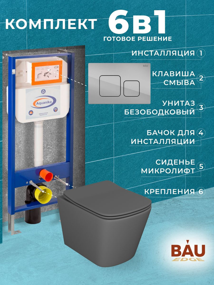 Комплект BAU 6 в 1: инсталляция BAU Aquanika, унитаз подвесной безободковый Bau Stil 51x35, сиденье дюропласт #1