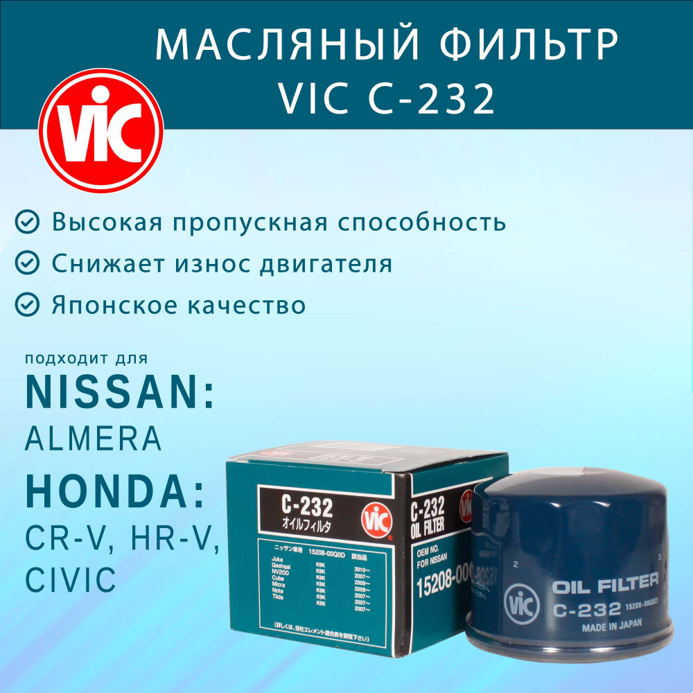 Фильтр масляный VIC C-232 (C232) для HONDA HR, CR, CIVIC; NISSAN ALMERA #1