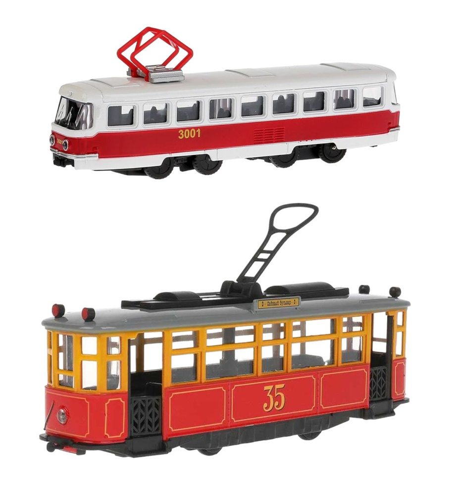 Набор моделей Трамвай 16,5 см бело-красный и Трамвай Ретро 17 см красный Технопарк  #1