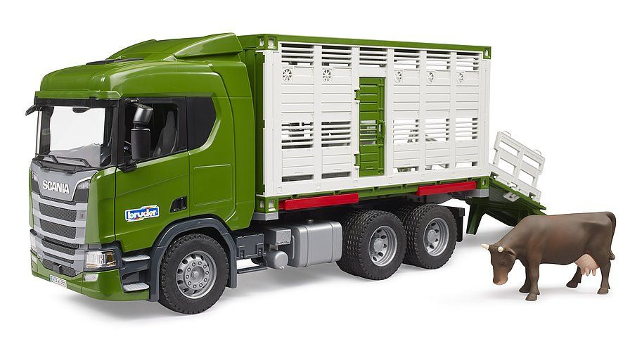Машинка Bruder Грузовик Scania для перевозки животных с коровой, Брудер,03548  #1