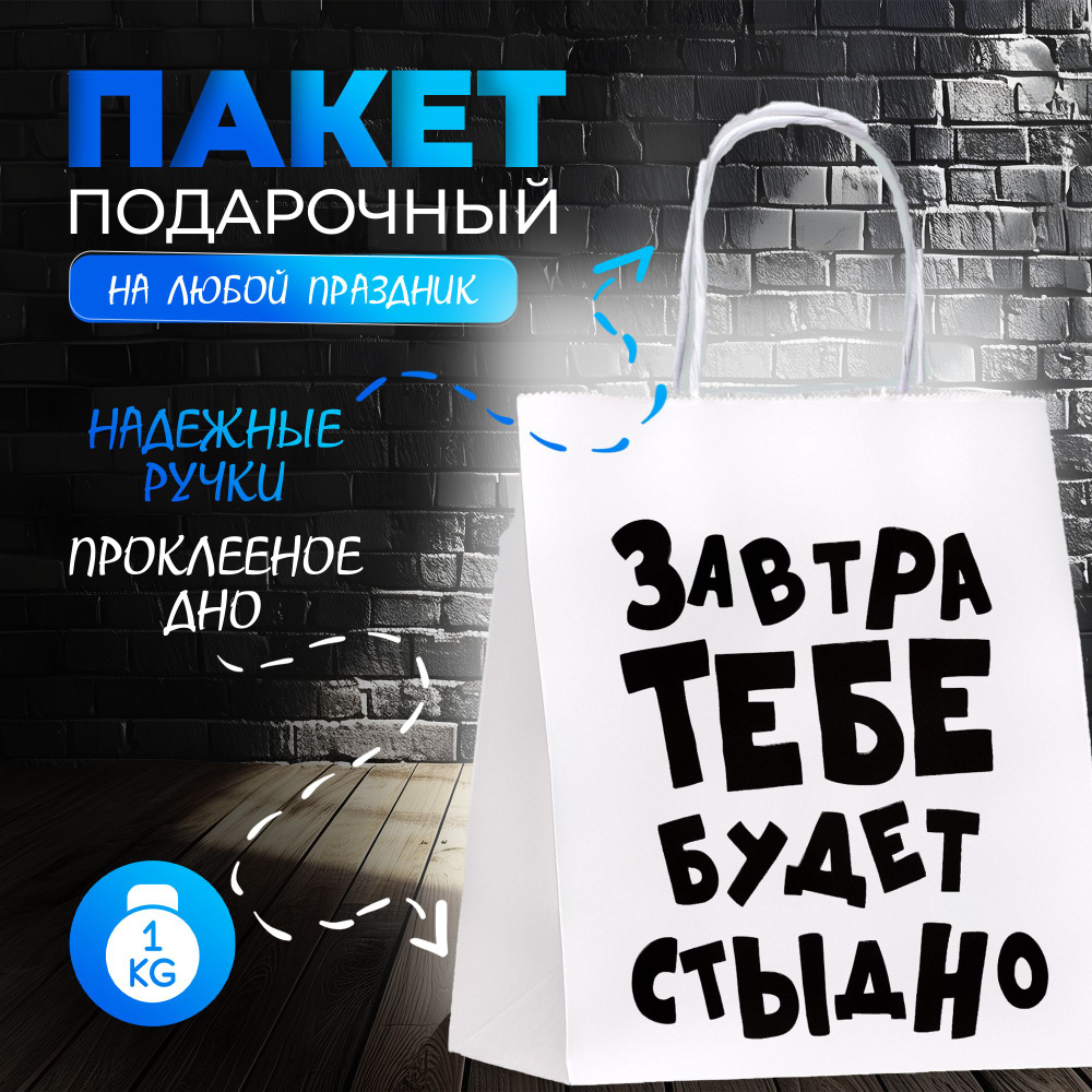 Пакет подарочный с приколами, крафт, "Завтра тебе будет стыдно", 24 х 14 х 28 см  #1