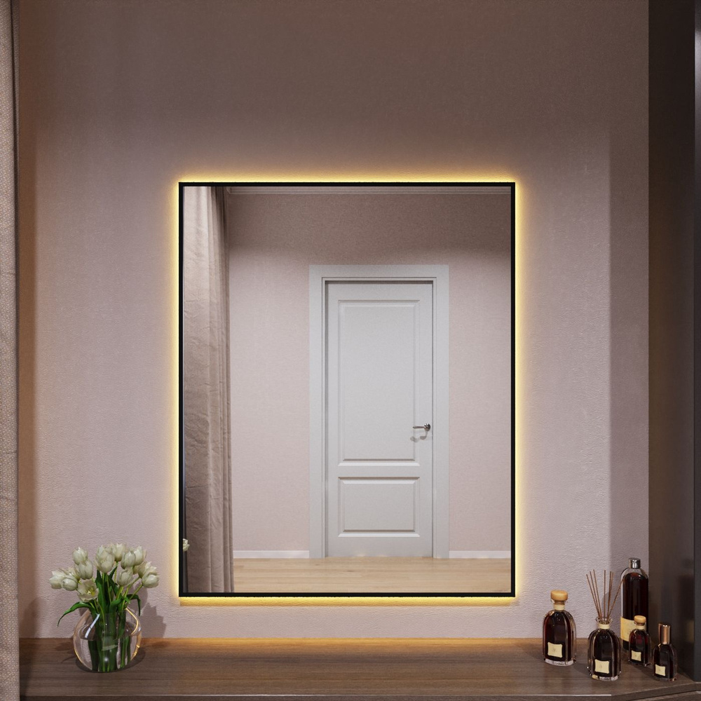 Зеркало с подсветкой в алюминиевой раме настенное Market.House 110х80 см. Свет: Теплый белый 3000К. Черное #1