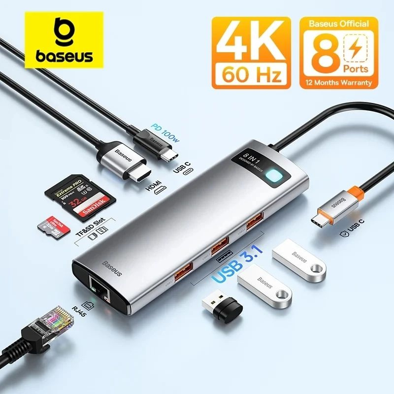 Хаб USB - Концентратор Baseus StarJoy 8-Port Type-C HUB Adapter Type-C to HDMI4K 60Hz*1+USB3.1*3+PD*1+RJ45*1+SD/TF*1 #1