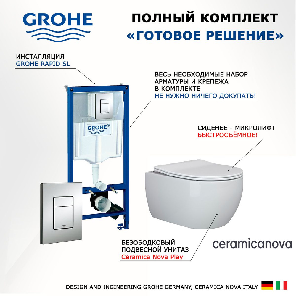 Комплект инсталляция Grohe Rapid + Унитаз подвесной Ceramica Nova Play + кнопка хром  #1