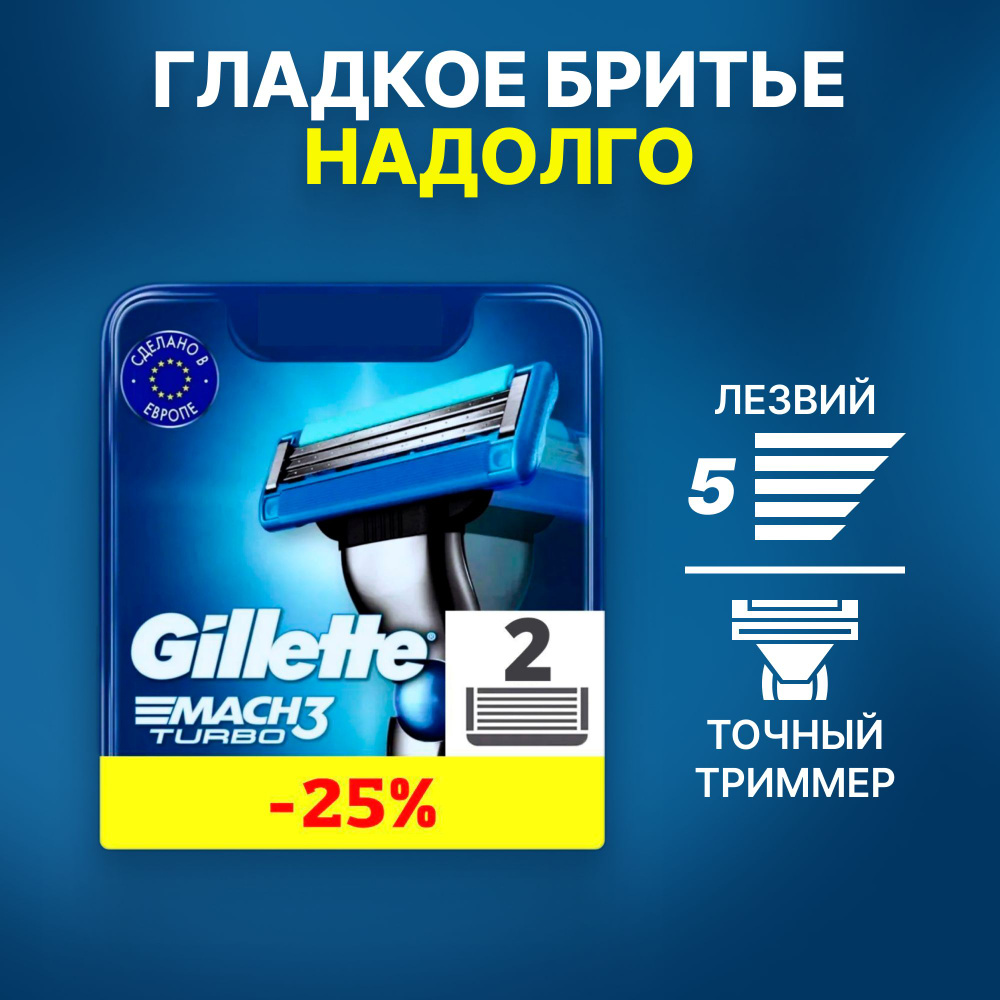 Сменные кассеты Gillette Mach Turbo с 3 лезвиями для бритья, 2 шт / Лезвия для бритвы Джилет мужские #1