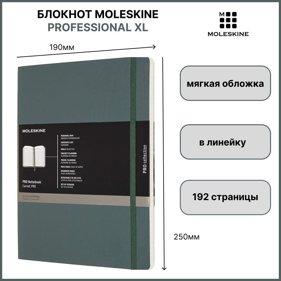 Блокнот в линейку Moleskine PROFESSIONAL SOFT PROPFNTB4SK19 19х25 см, 192 стр. мягкая обложка, FOREST #1