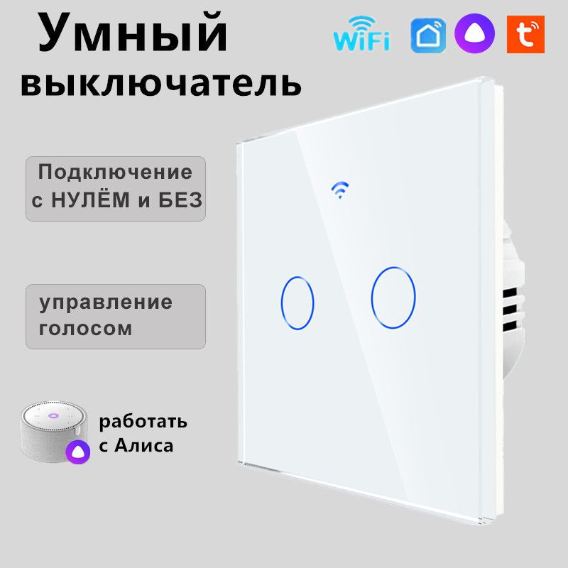 Умный выключатель с Алисой, wifi, сенсорный двухклавишный, подключение с нулем и без нуля, закаленное #1