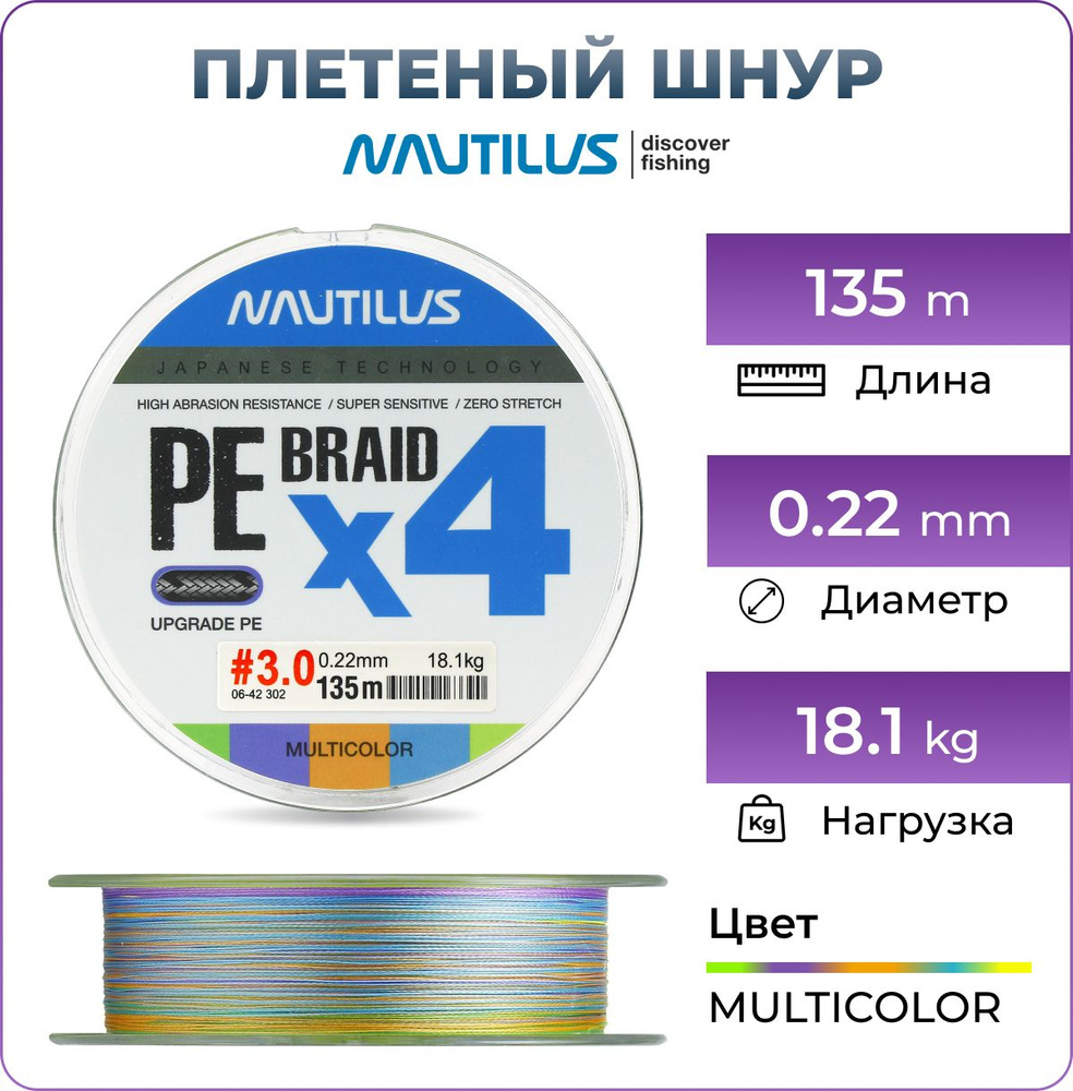 Плетеный шнур Nautilus BRAID X4 0.22 mm / 135m, цв. Multicolor, для рыбалки на спиннинг и фидер, для #1