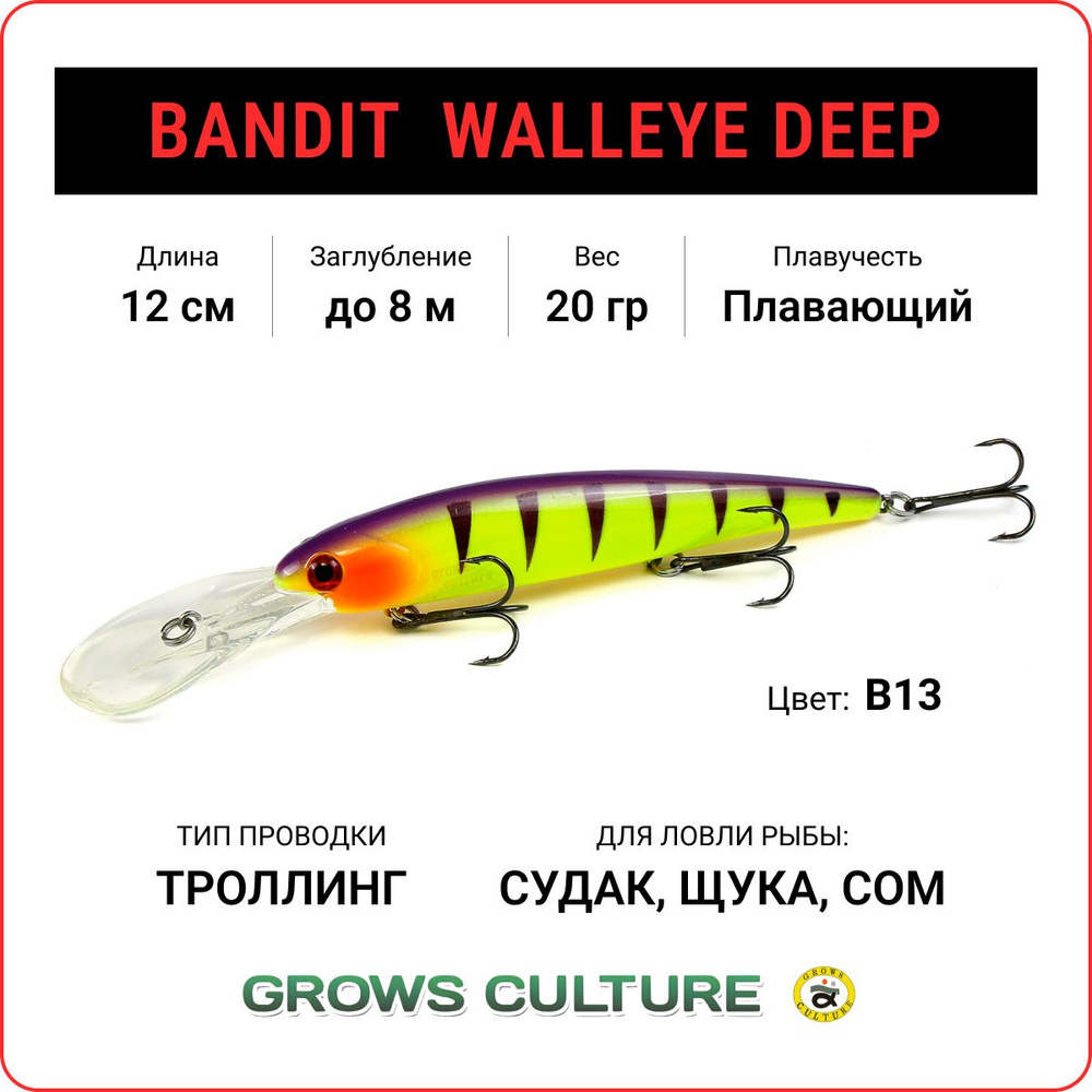 Воблер для троллинга Grows Culture BANDIT WALLEYE DEEP 120F цв. B13, заглубление до 8 метров, воблер #1