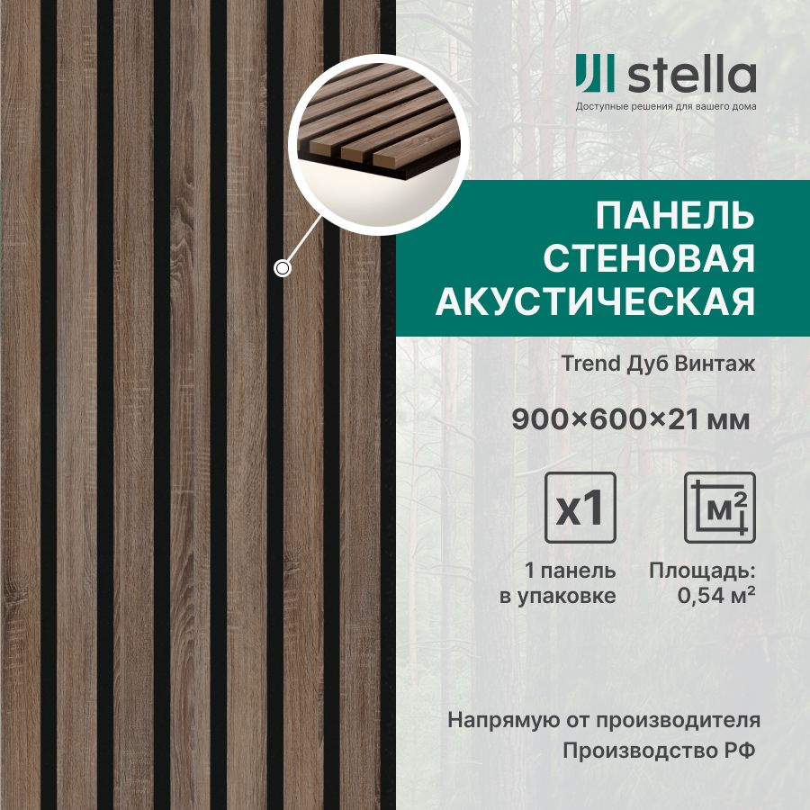 Stella Панель стеновая с рейками акустическая с 3D эффектом; Коллекция: Trend Цвет: Дуб Винтаж 900х600х21 #1