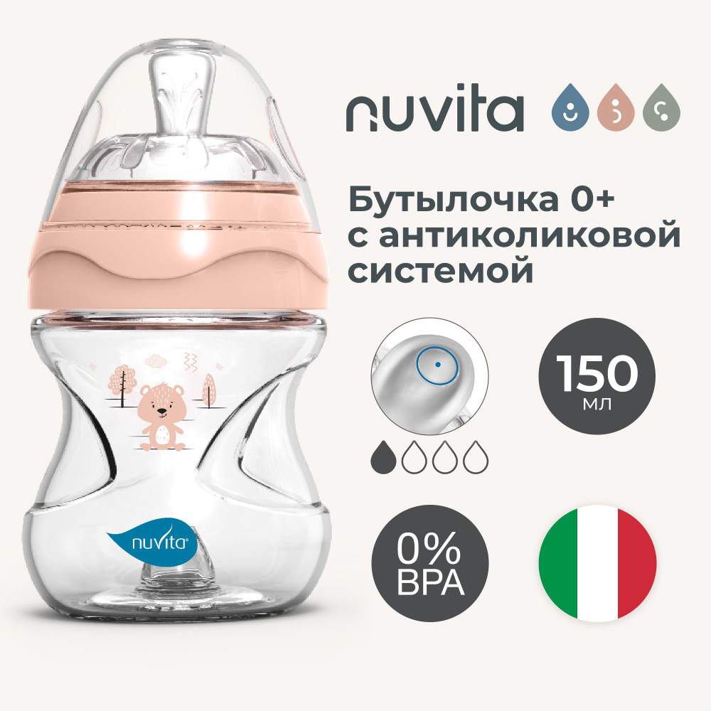 Бутылочка антиколиковая для кормления новорожденных Nuvita Materno Feel 150 мл, пластиковая, с медленным #1