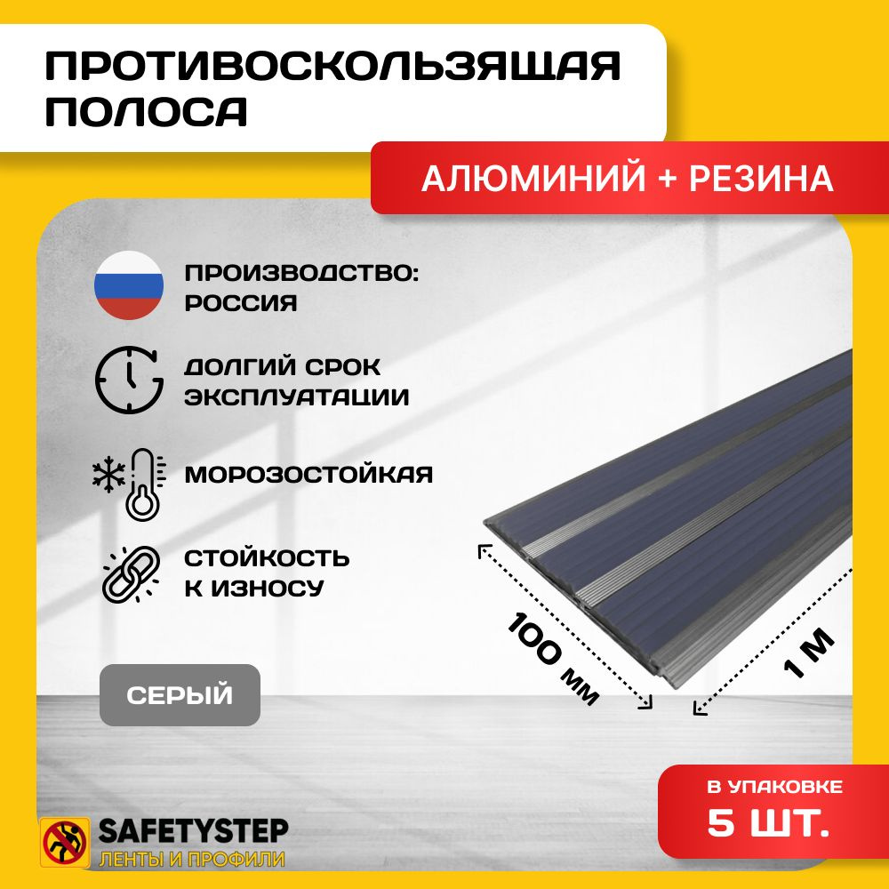 Алюминиевая полоса-порог с 3 резиновыми вставками, цвет вставки серый, длина 1м, упаковка 5 шт  #1