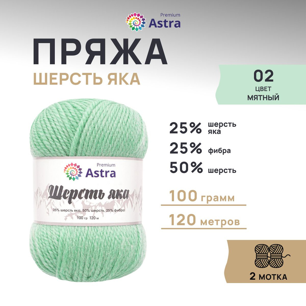 Пряжа Astra Premium Астра Премиум Шерсть яка (Yak wool) 100 гр. 120 м (+/-5%), 2 шт/упак, 02 мятный  #1