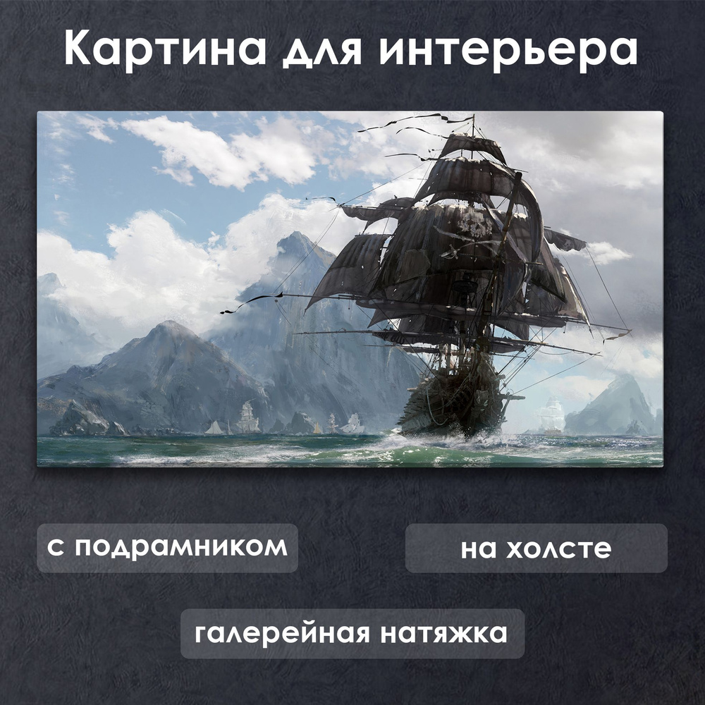 Картина для интерьера с подрамником на холсте на стену Skull & Bones / Череп и Кости Пиратский корабль #1