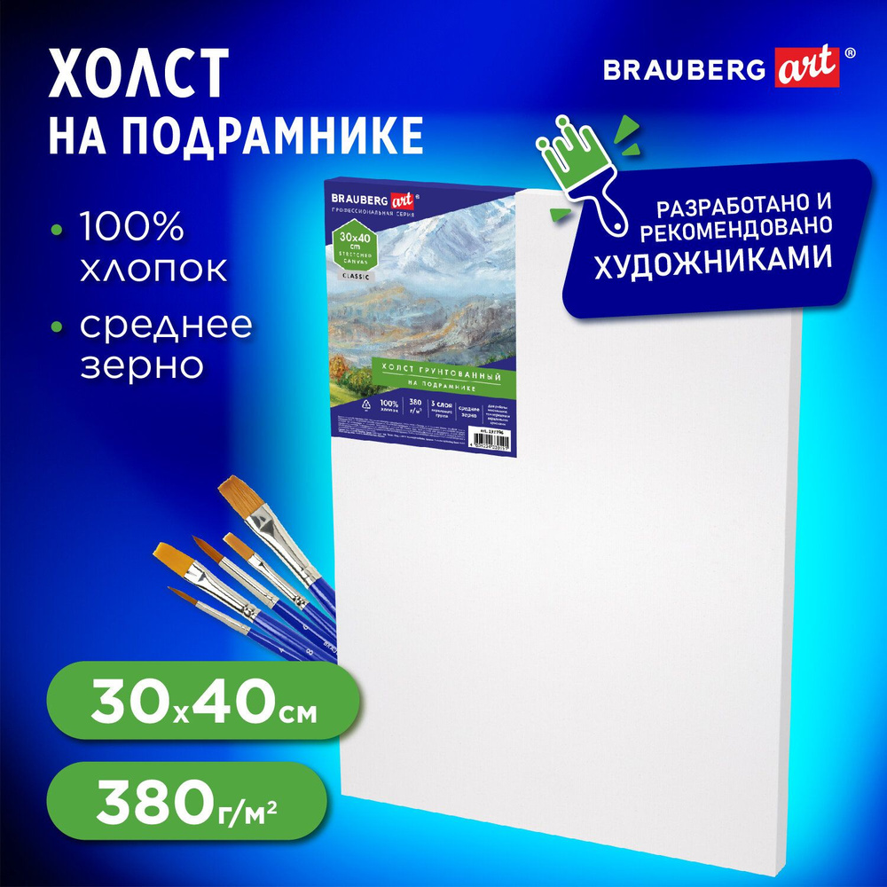 Холст / полотно на подрамнике для рисования 30х40 см, 380 г/м2, грунтованный, 100% хлопок, Brauberg Art #1