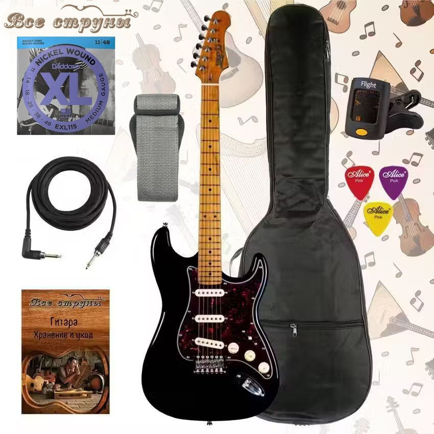 Электрогитара Jet JS-300 BK Stratocaster с тёплым чехлом, струнами D'Addario, кабелем, тюнером и ремнём #1