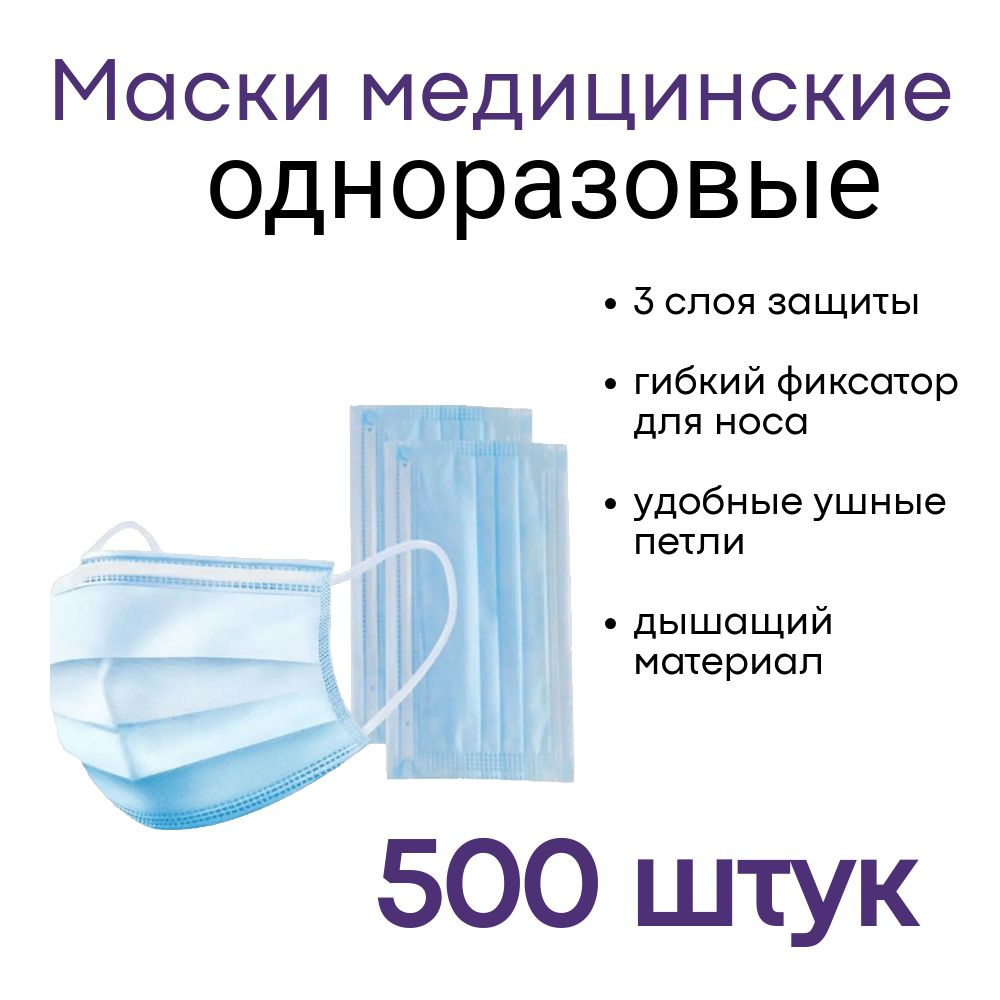 Маски медицинские одноразовые трехслойные голубые BeautyLine 500 штук (10 упаковок по 50 штук)  #1