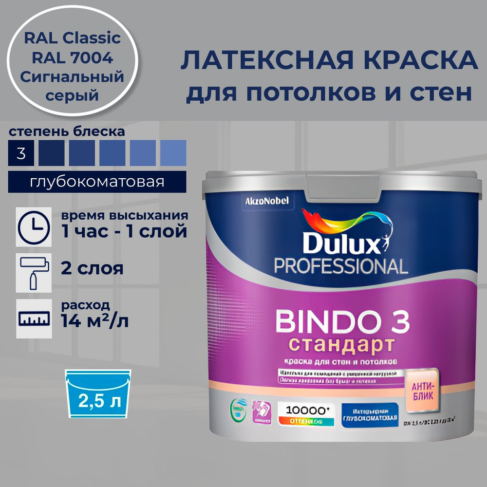 DULUX Краска Быстросохнущая, Моющаяся, Сополимерная дисперсия, Матовое покрытие, 2.5 л, светло-серый #1