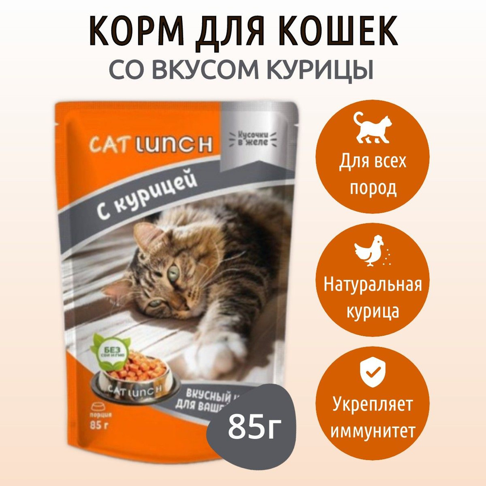 Влажный корм CAT LUNCH 85 г для кошек Курица кусочки в желе, в пауче  #1