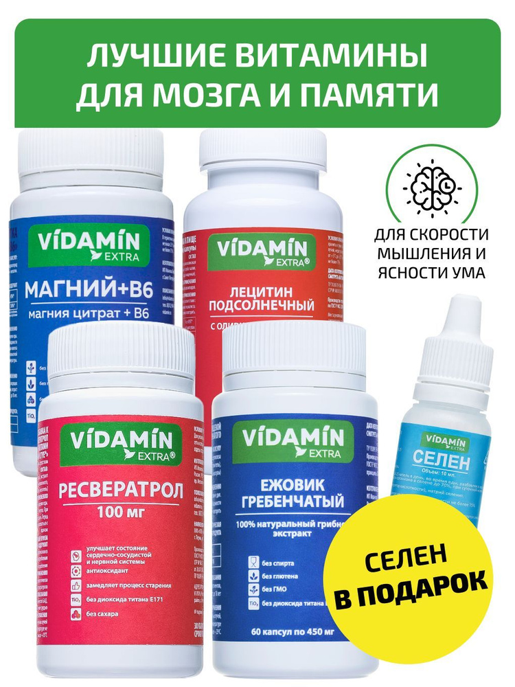Набор витаминов Ресвератрол Ежовик гребенчатый Лецитин и Магний В6 для памяти и мозга VIDAMIN EXTRA, #1