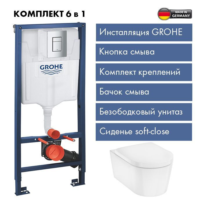 Комплект GROHE Rapid SL Инсталляция для подвесного унитаза, панель смыва, матовый хром 38772001 + Hansgrohe #1