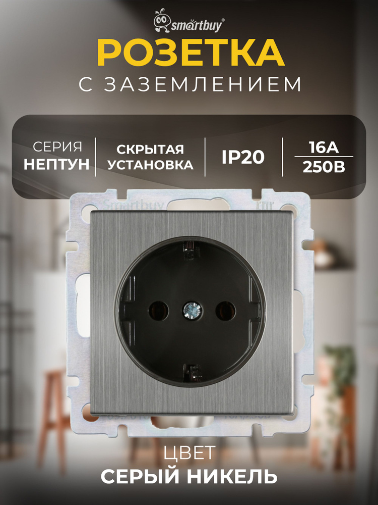 Розетка Smartbuy с заземлением 16А "Нептун" (SBE-05gn-16-S1-Z), серый никель  #1