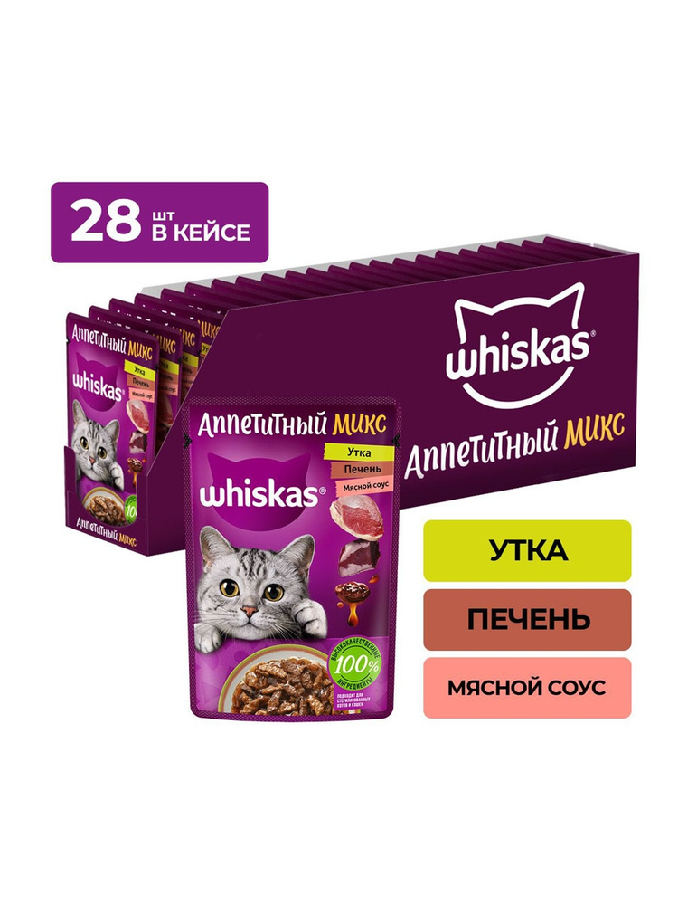 Влажный корм для кошек Whiskas Аппетитный микс, кусочки с уткой и ...