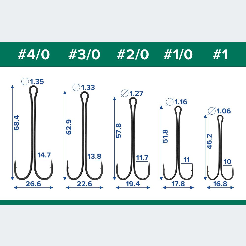 Размеры двойников для рыбалки с удлиненным цевьем Double Hook Extra Long
