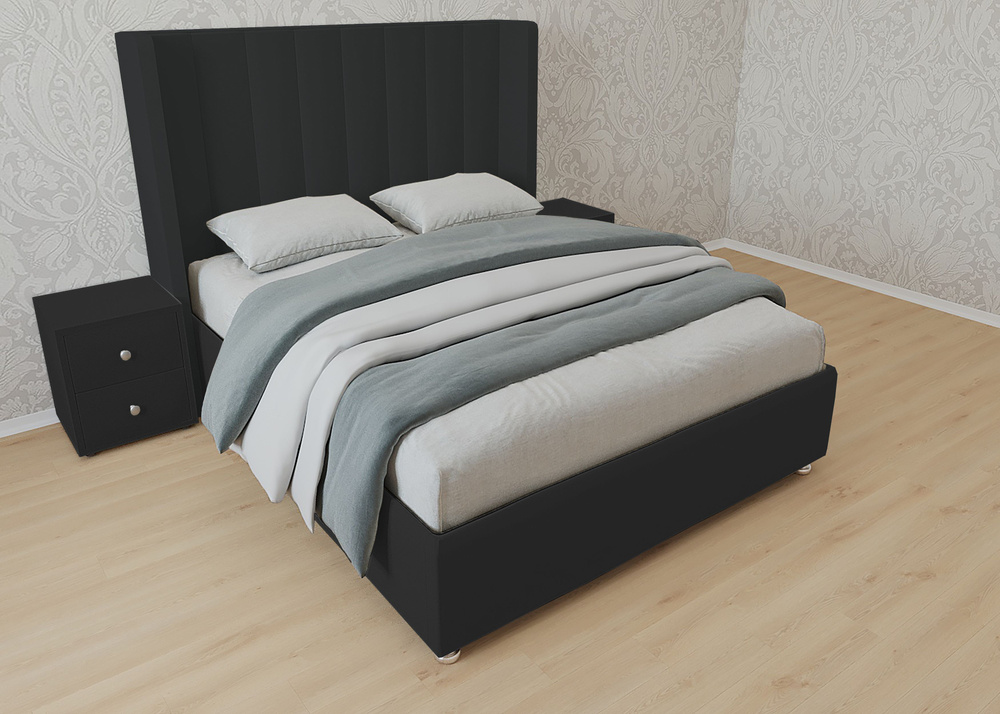 Двуспальная кровать Женева 180x200 основание металлическое с ламелями велюр черный ножки 13 см хром  #1