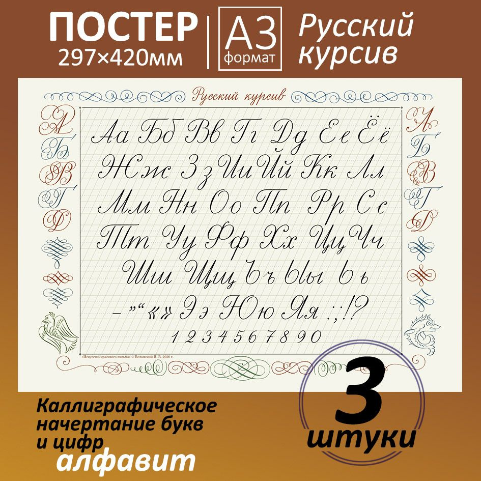 Каллиграфический алфавит. Азбука русского курсива. Все буквы и цифры Плакат/постер (А3). 3 шт.  #1