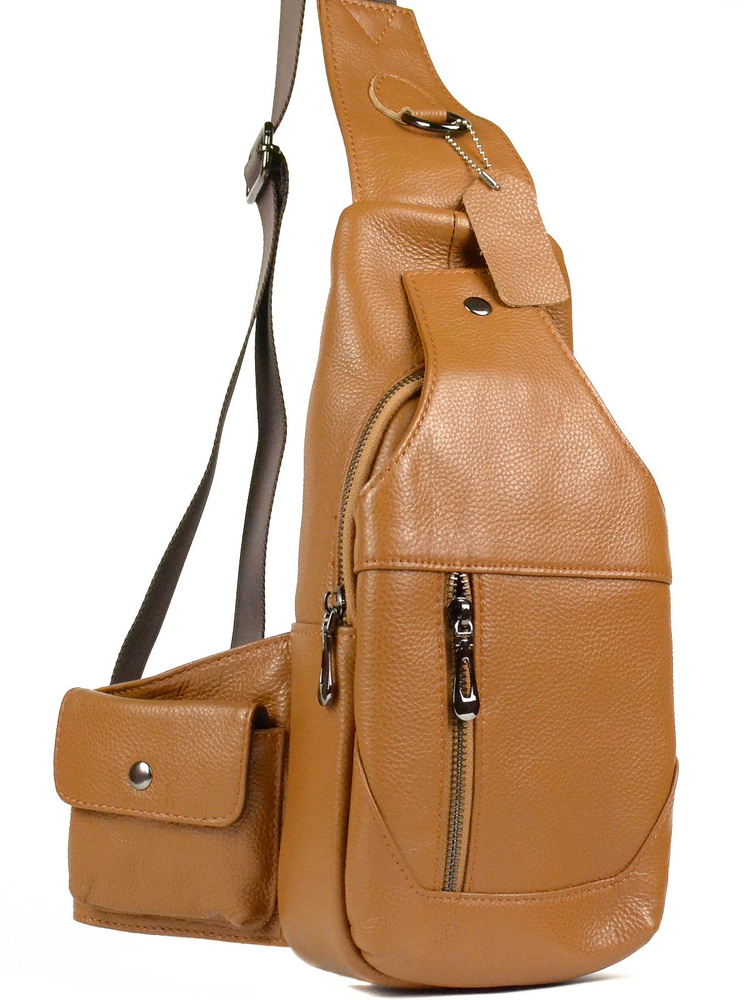 Мужская сумка рюкзак слинг на грудь из натуральной кожи, через плечо, светло-коричневый, 32x14x7см  #1