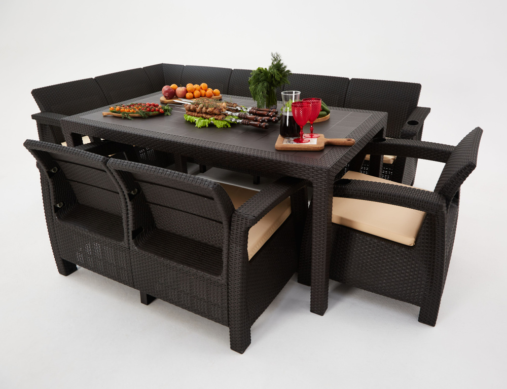 Комплект садовой мебели из ротанга HomlyGreen 5+2+1+обеденный стол 160х95, с комплектом бордовых подушек #1