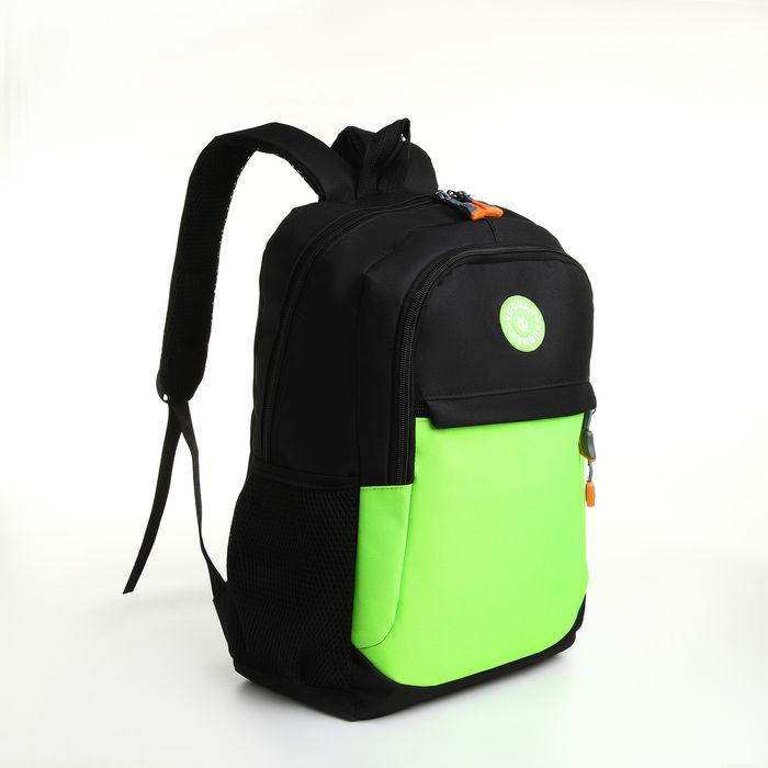 Рюкзак школьный, 2 отдела молнии, 3 кармана, цвет чёрный/зелёный (оранжевые замки)  #1