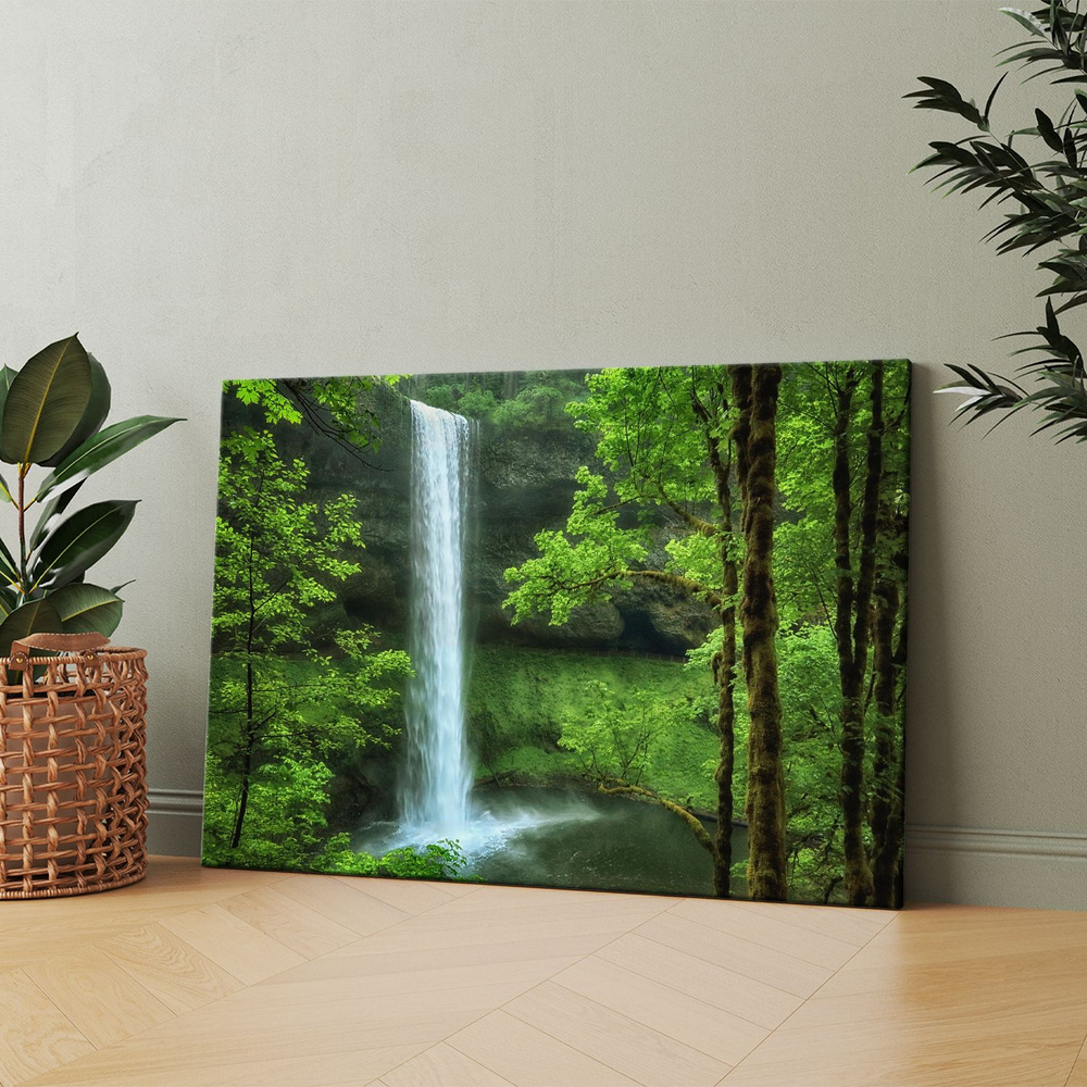 Картина на холсте (Водопад в лесу) 40x60 см. Интерьерная, на стену.  #1