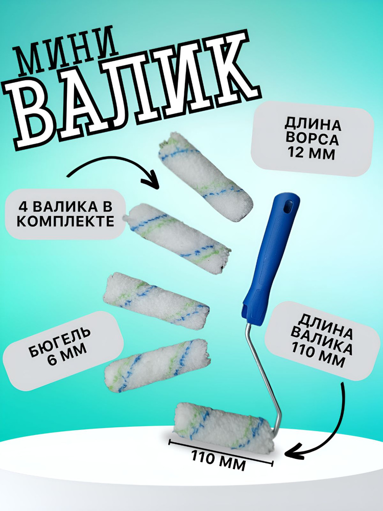 Валик в сборе "Водные краски", 110 мм, ворс 12 мм, D 16 мм, D ручки 6 мм, полиэстер Сибртех с 4 запасными #1