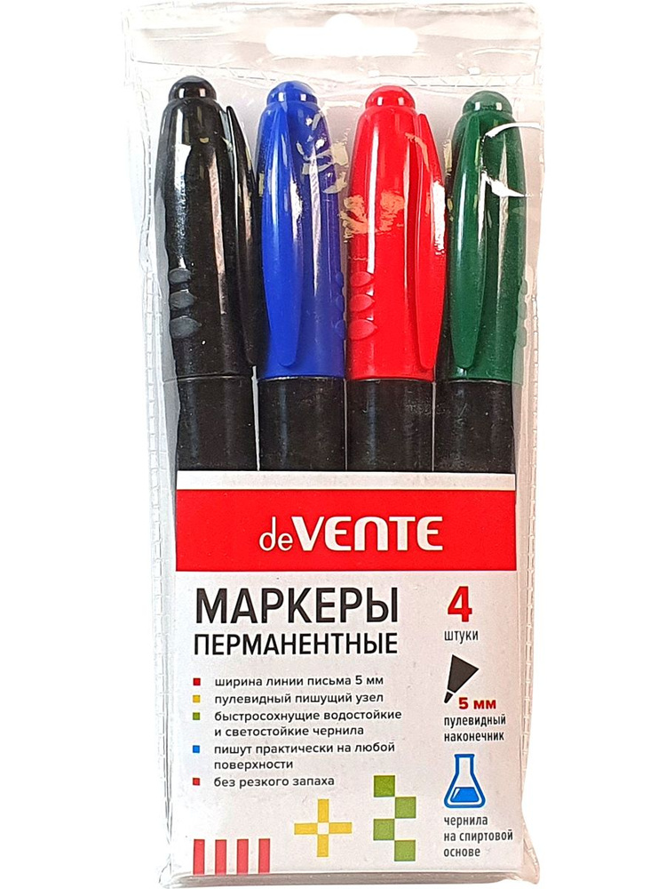 Набор маркеров перманентных 4 цвета: зеленый, красный, синий, черный круглый корпус с клипом, ширина #1