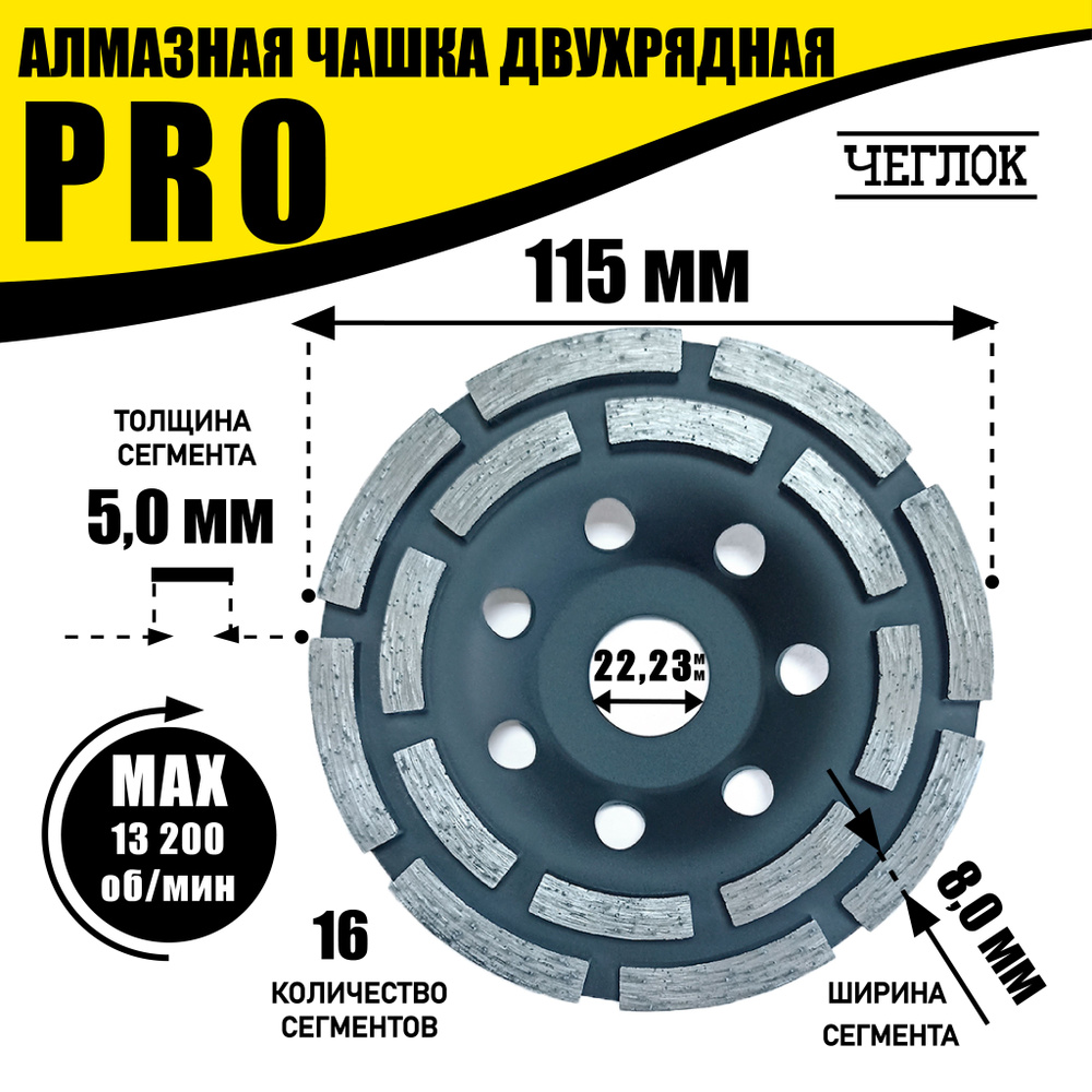 Чашка алмазная 115х22,23 мм зачистная двухрядная, серия "ПРОФИ", ЧЕГЛОК  #1