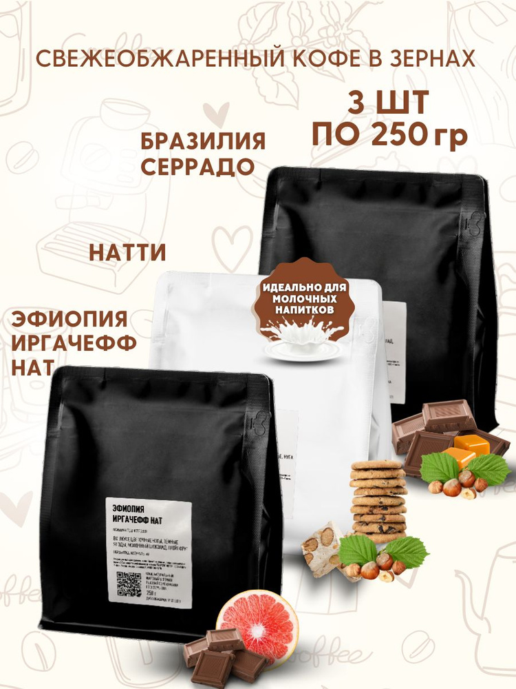 Набор Tasty кофе в зернах Бразилия Серрадо, Натти, Эфиопия Иргачефф Нат  #1