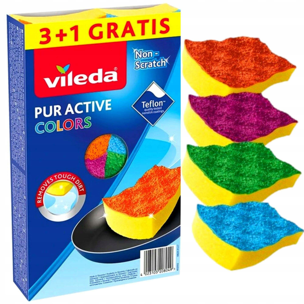 Губки для мытья посуды PUR ACTIVE COLORS 3+1шт VILEDA #1