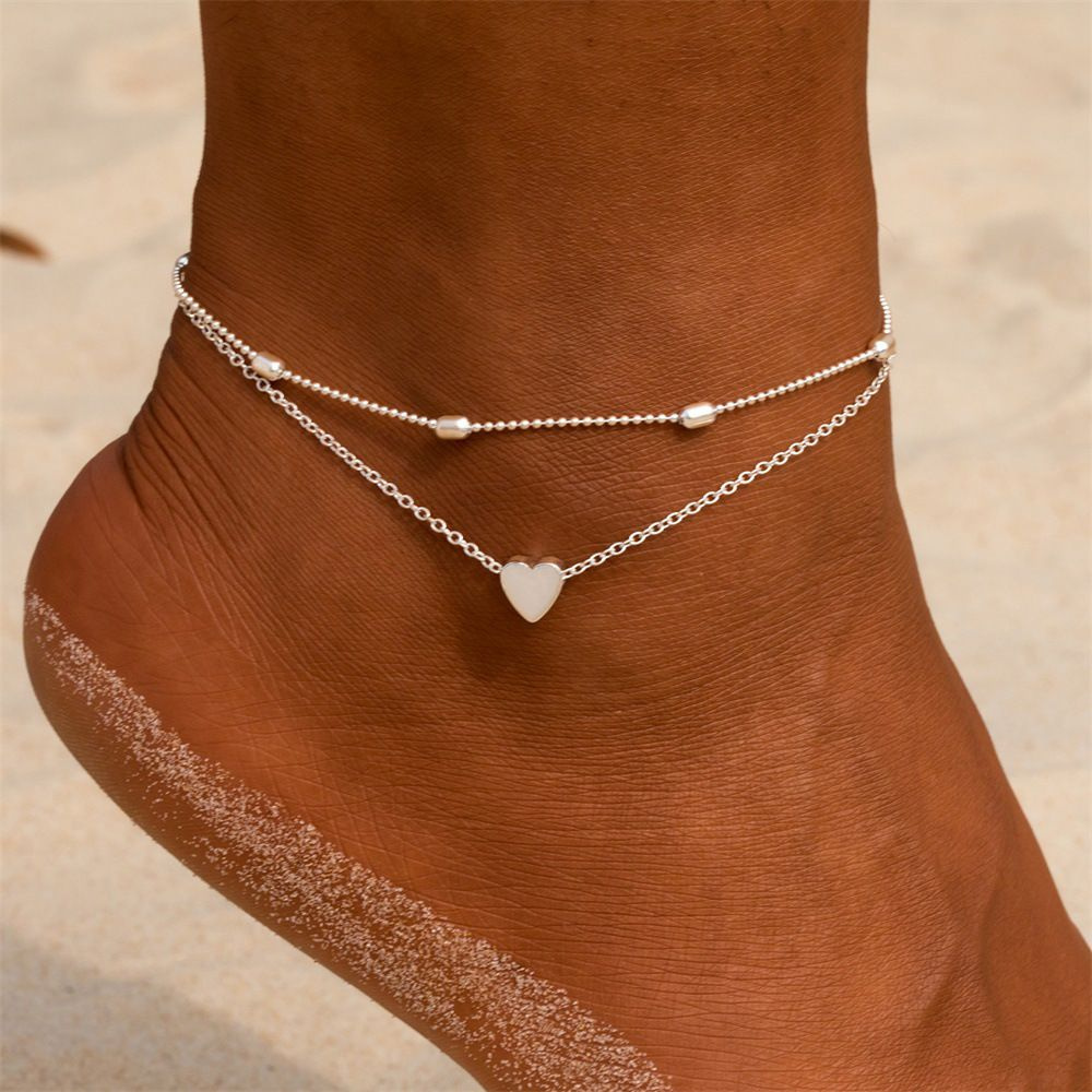 Браслет на ногу женский серебряный с сердечком комплект 2 цепочки LERU  #1