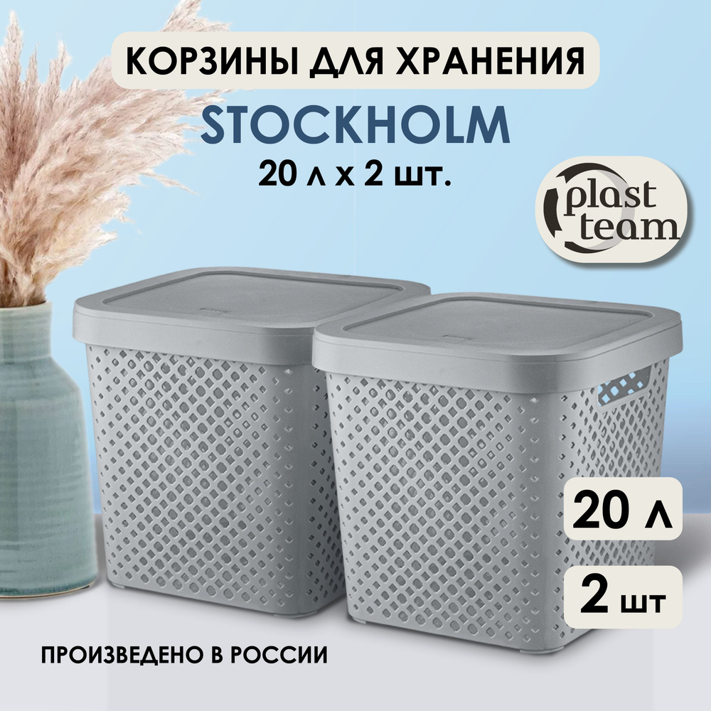 Корзины для хранения с крышкой 20 л, 2 шт Plast Team Stockholm, серый шторм органайзер для обуви, мелочей, #1