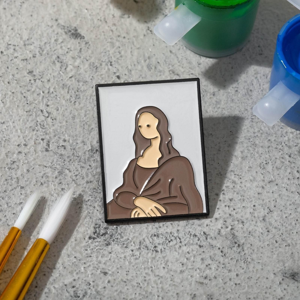 Значок Искусство Мона Лиза, бело-коричневый в чёрном металле  #1