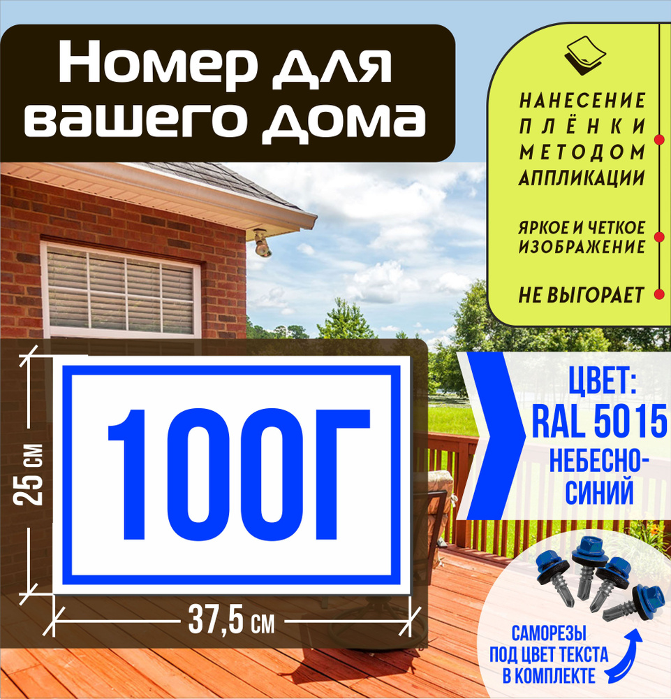 Адресная табличка на дом с номером 100г RAL 5015 синяя #1